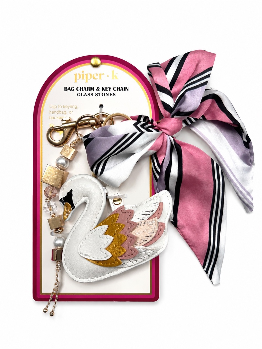 Piper K Swan Bag Charm Keychain Pink Bow Gold Beaded Purse Accessory